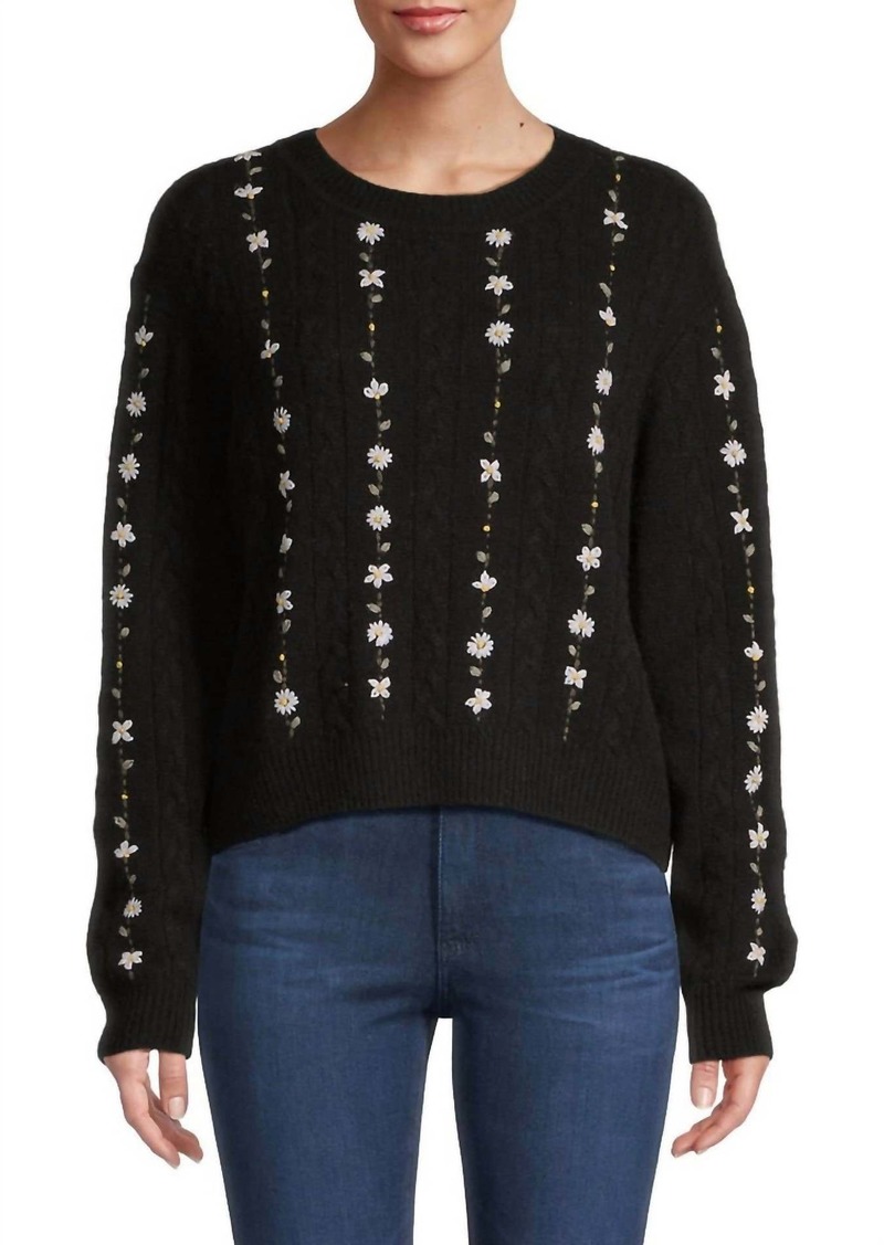 White + Warren Cashmere Floral Embroidered Cable Crewneck In Black