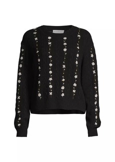 White + Warren Cashmere Floral Embroidered Cable Crewneck Sweater