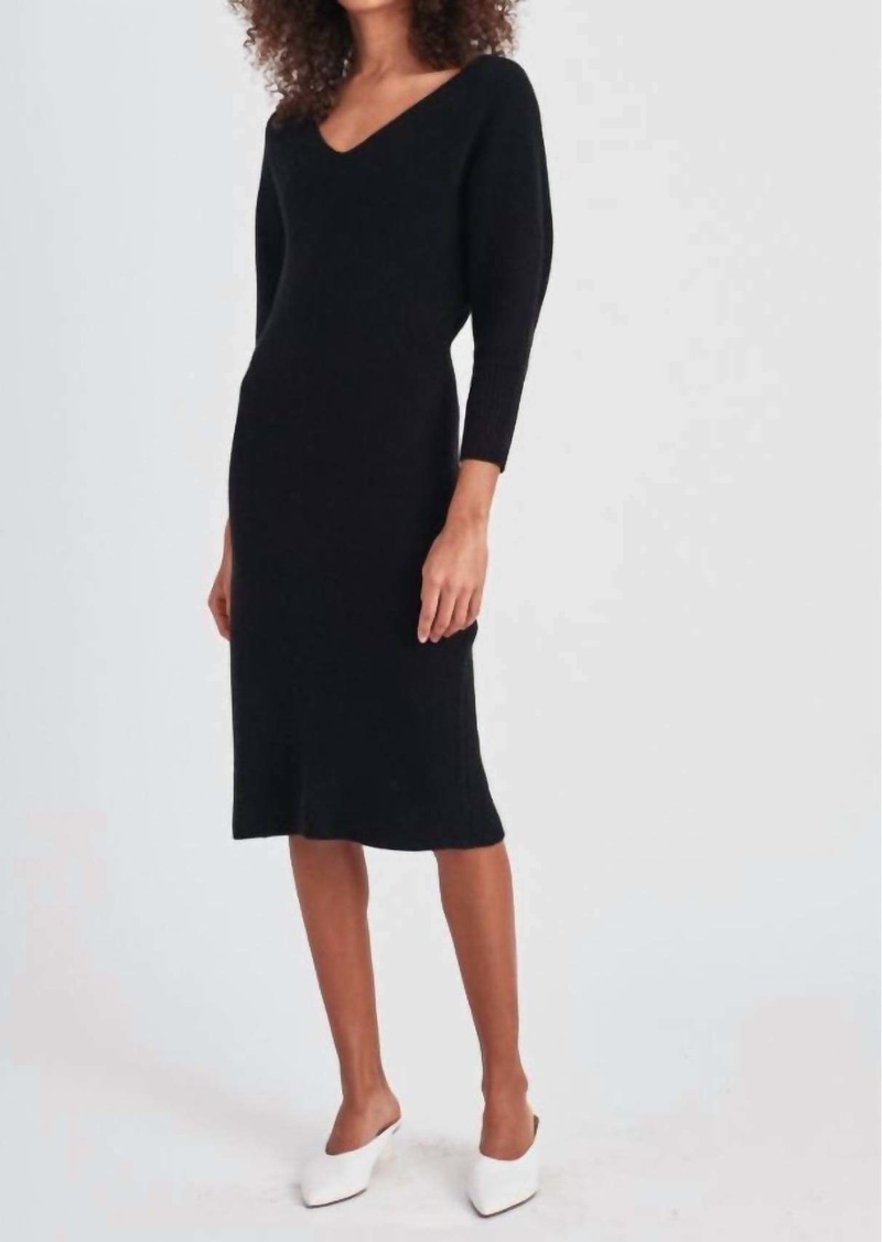 White + Warren Cashmere Ribbed V Neck Dress In Black