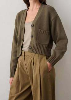 White + Warren Core Spun Cotton Patch Pocket Cropped Cardigan In Deep Olive