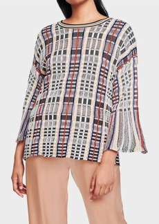 White + Warren Plaid Flare Sleeve Crewneck Blouse In Bright Multi