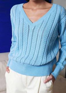 White + Warren Recycled Cotton Open Cable V-Neck Sweater In Sky Blue