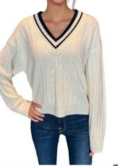 White + Warren Varsity Wide Rib V-Neck Sweater In Soft White/navy