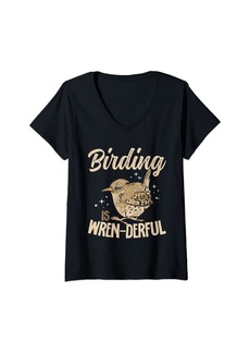 Womens Wren Bird Lover Birding Is Wren-Derful V-Neck T-Shirt