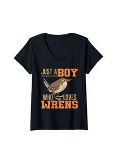Womens Wren Bird Lover Birding Just A Boy Who Loves Wrens V-Neck T-Shirt