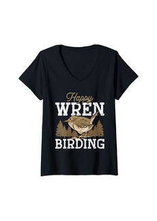 Womens Wren Bird Lover Happy Wren Birding V-Neck T-Shirt