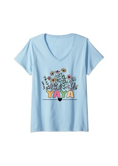 Ya-Ya Womens Yaya Happy Mother's Day 2024 Cute Floral Shirt for Women V-Neck T-Shirt
