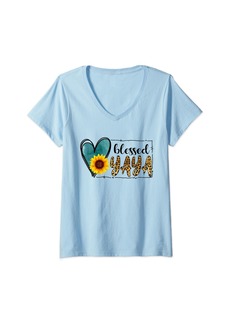 Ya-Ya Womens Yaya Leopard Sunflower Heart Happy Birthday Mothers Day V-Neck T-Shirt