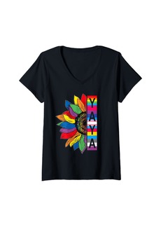 Ya-Ya Womens Yaya LGBTQ Gay Pride Sunflower V-Neck T-Shirt
