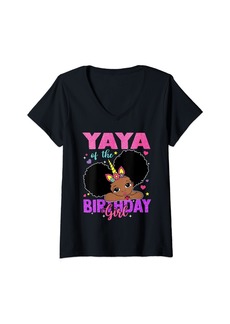 Ya-Ya Womens Yaya of the Birthday Girl Melanin Afro Unicorn Princess V-Neck T-Shirt