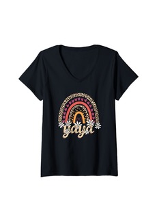 Ya-Ya Womens Yaya Rainbow Leopard Shirt Cute Yaya Shirt Mother's Day V-Neck T-Shirt
