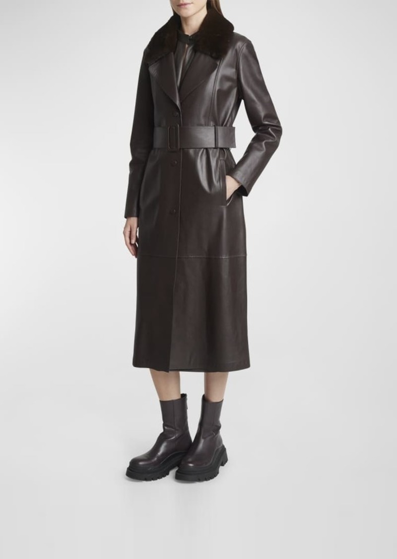 Yves Salomon Belted Leather Trench Coat with Shearling Collar