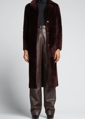 Yves Salomon Long Belted Reversible Shearling Coat with Leather