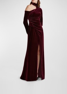 Zac Posen Asymmetric Long-Sleeve Mock-Neck Velvet Dress