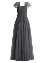 Zac Posen Glitter Tulle Cap-Sleeve Gown