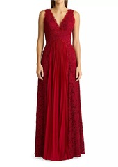 Zac Posen Lace Pleated Overlay A-Line Gown