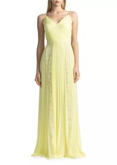 Zac Posen Lace-Trimmed Pleated Chiffon Gown