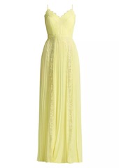 Zac Posen Lace-Trimmed Pleated Chiffon Gown