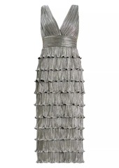 Zac Posen Pleated Metallic Ruffled Midi-Dress
