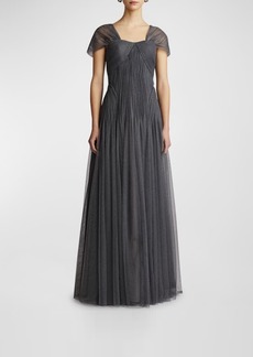 Zac Posen Ruched A-Line Shimmer Tulle Gown