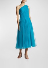 Zac Posen Ruched One-Shoulder Tulle Midi Dress