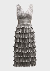 Zac Posen Sleeveless Metallic Ruffle Tiered Midi Dress