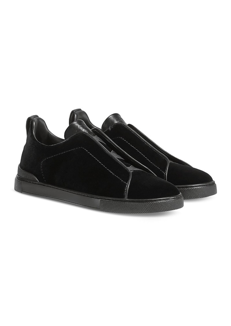 Zegna Men's Black Velvet Triple Stitch Low Top Sneakers
