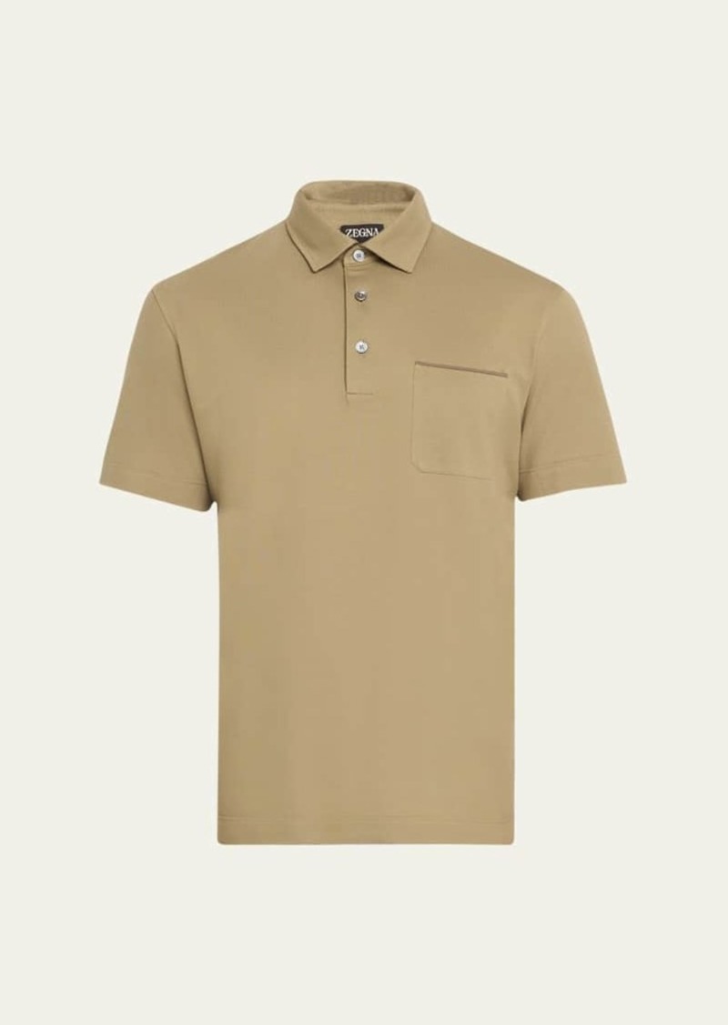 ZEGNA Men's Cotton Polo Shirt with Leather-Trim Pocket
