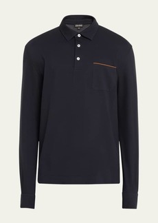 ZEGNA Men's Long-Sleeve Polo Shirt with Leather-Trim Pocket