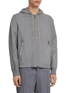 ZEGNA Reversible Calfskin Nappa & Technical Zip Hooded Jacket in Dk Gry Sld at Nordstrom