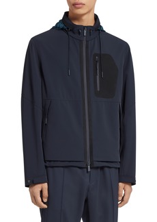 ZEGNA Water Repellent Stretch Nylon Hooded Zip Jacket in Navy at Nordstrom