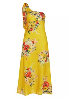 Zimmermann Alight Floral One-Shoulder Linen Midi-Dress