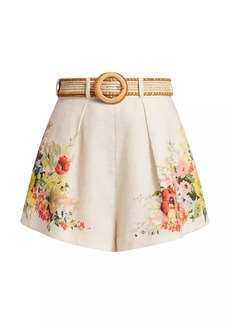 Zimmermann Alight Tuck Belted Floral Linen Shorts