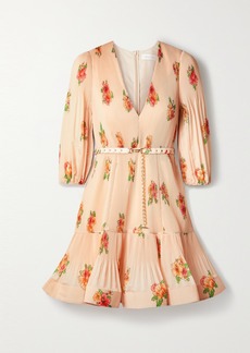 Zimmermann Belted Floral-print Plisse-organza Mini Dress