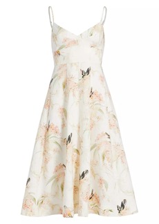 Zimmermann Bird-Print Linen Fit & Flare Midi-Dress