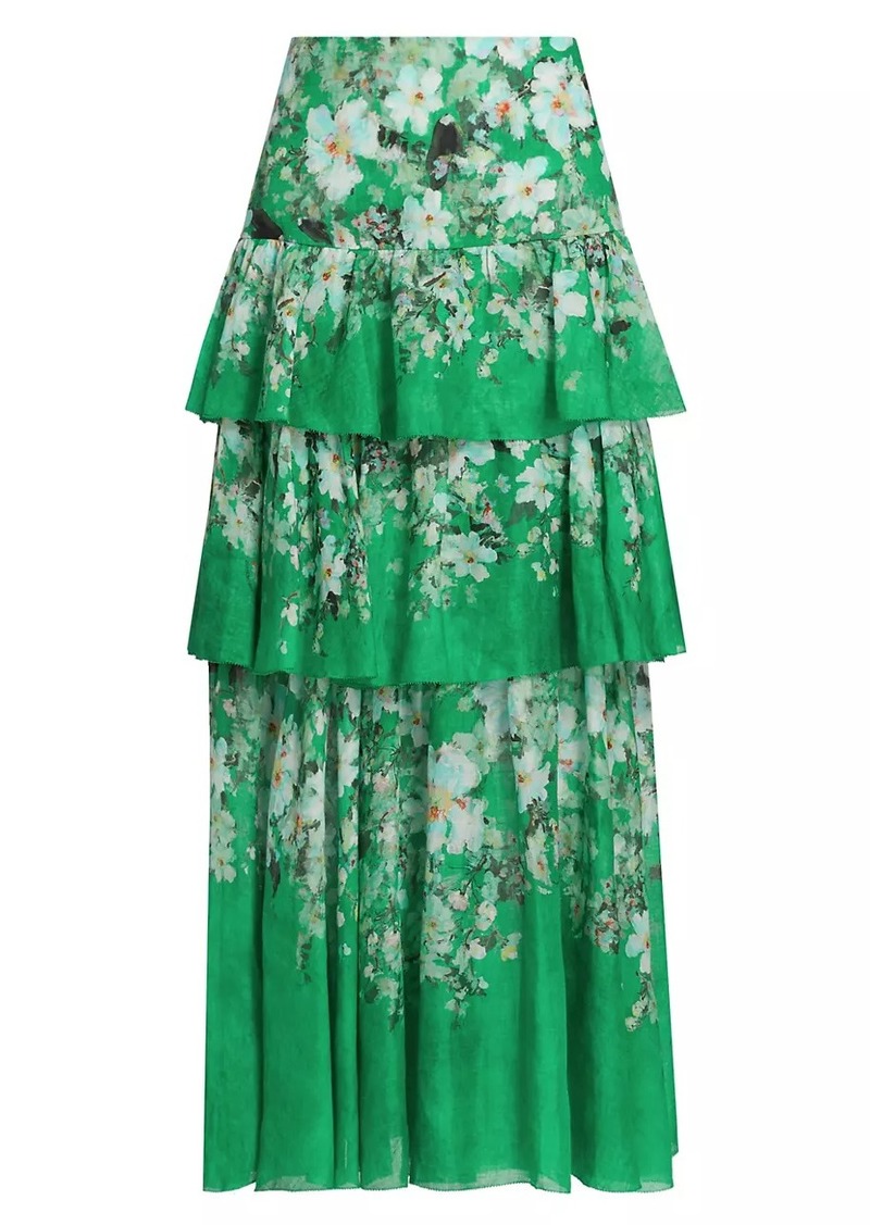 Zimmermann Everley Floral Tiered Midi-Skirt