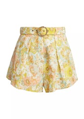 Zimmermann Floral Linen Belted Tuck Shorts