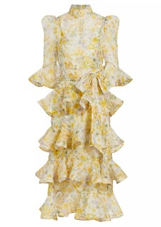 Zimmermann Harmony Linen-Silk Floral Tiered Midi-Dress