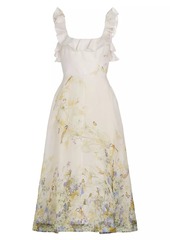 Zimmermann Harmony Linen-Silk Ruffled Midi-Dress