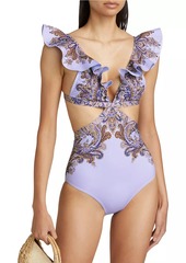 Zimmermann Ottie Paisley Ruffled One-Piece Swimsuit