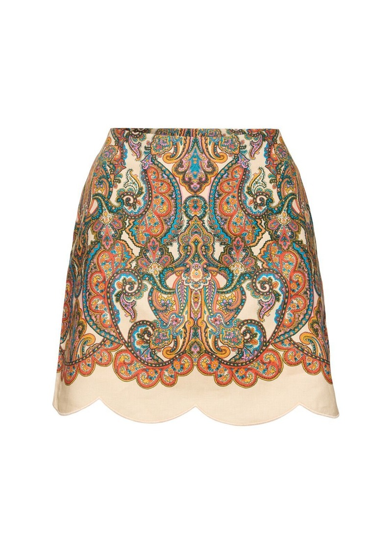 Zimmermann Ottie Printed Linen Scalloped Mini Skirt