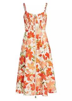 Zimmermann Tranquility Linen Floral Front-Zip Midi-Dress