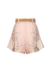 Zimmermann Waverly Printed Linen Belted Tuck Shorts