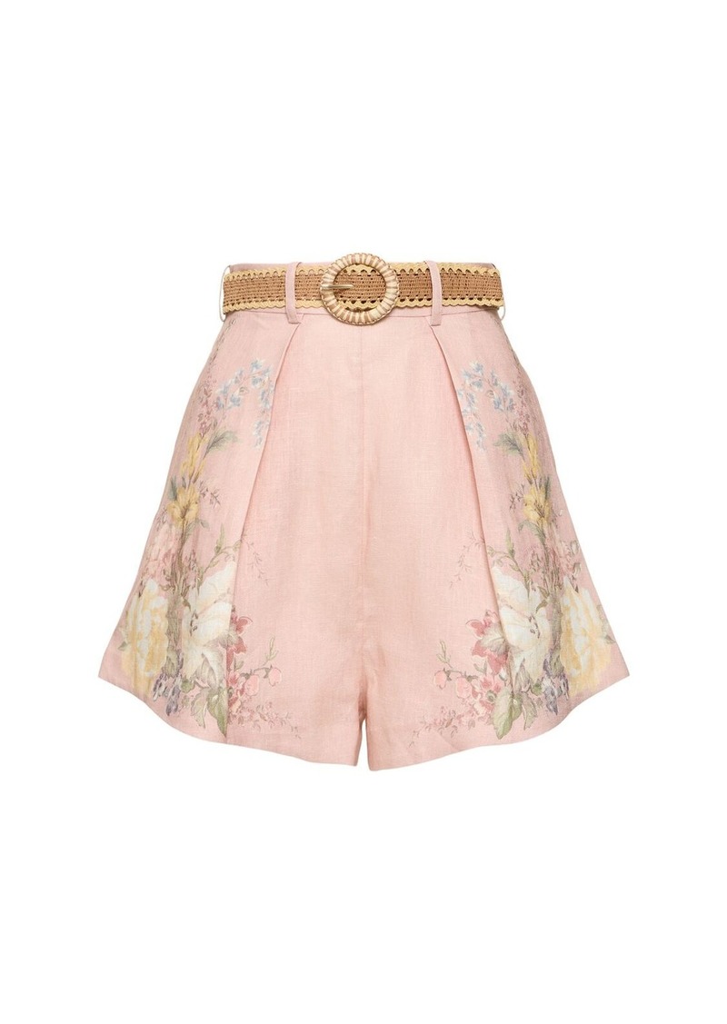 Zimmermann Waverly Printed Linen Belted Tuck Shorts