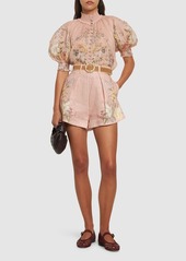 Zimmermann Waverly Printed Linen Belted Tuck Shorts