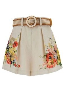 Zimmermann White Shorts with Floreal Print and Belt in Linen Woman