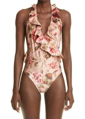 Zimmermann Cassia Floral Print Frill Wrap One-Piece Swimsuit in Musk Floral at Nordstrom