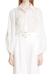 Zimmermann Nina Floral Embroidered Cutout Ramie Blouse