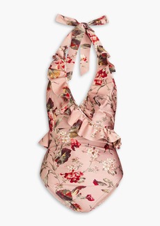 Zimmermann - Ruffled floral-print halterneck swimsuit - Pink - 0