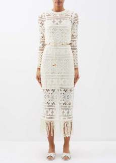 Zimmermann - Cira Fringed Crochet-knit Midi Dress - Womens - Ivory